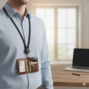 A professional wearing a retractable id and key holder on a lanyard, ideal for office or school use. 