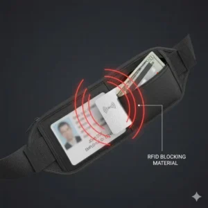 Diagram illustrating the secure RFID-blocking technology built into the ID card holder belt to protect credit and identification cards.