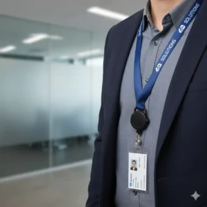 Corporate branding printed on a lanyard with retractable badge reel for employee identification.