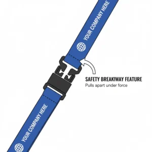 Close-up of the essential safety breakaway clip feature on a personalised retractable lanyard, designed to prevent choking hazards in workplace environments.