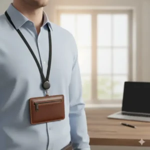 Back view of the secure zippered pocket on the id and key holder for storing emergency cash or small change. 