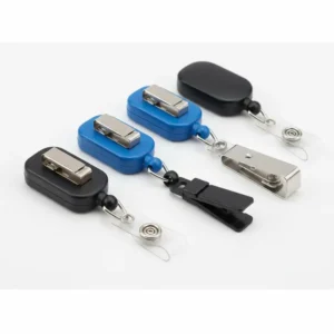 Assortment of belt id badge holder in different colors (e.g., black, chrome) to showcase the available style options.