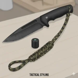 A tactical fixed-blade knife featuring a camouflage paracord and matte black lanyard beads for knives.