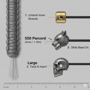 Illustration 4: Tutorial image showing how to easily thread multiple beads for paracord bracelets onto a single strand.