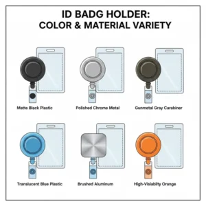 Multiple color options and material finishes available for the id badge holder belt clip.