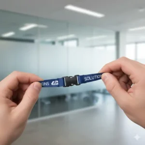 Safety breakaway clip detail on a lanyard with retractable badge reel to prevent accidents.