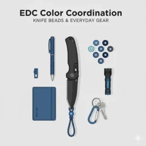 An Everyday Carry (EDC) flat lay featuring color-matched knife beads and pocket gear.