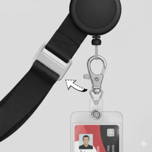 Illustration of the quick-release lanyard clasp, highlighting the safety breakaway feature of the retractable ID badge holder.