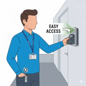 Illustration of an employee using a personalised retractable lanyard with their company ID badge to quickly and easily scan an access control reader.