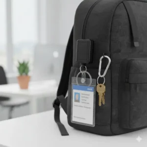 The versatile black badge holder key ring securely clipped to a backpack strap for quick scanning.