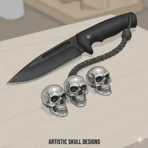 Detailed silver skull-shaped lanyard beads for knives providing a personalized and artistic EDC look.