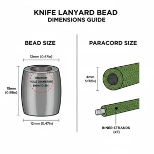Technical size and dimensions chart for standard knife lanyard beads and 550 paracord.
