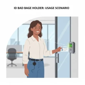 An employee using an id badge holder belt clip to scan their card at a security terminal.