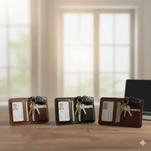 Display of three popular color options for the id and key holder: black, navy blue, and burgundy.