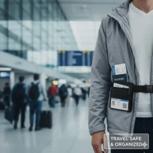 Discreet ID card holder belt used for travel, perfect for securely holding identification and money under clothing.