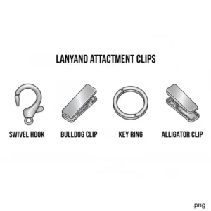 Comparison chart showing the different types of available clip attachments for a personalised retractable lanyard, such as a lobster claw hook or a j-hook.