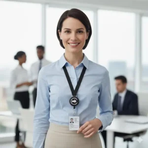 Employee wearing a comfortable retractable ID badge holder lanyard around their neck, perfect for daily office and hospital environments.