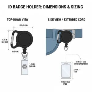 Technical drawing showing the exact dimensions and cord length of the id badge holder belt clip.