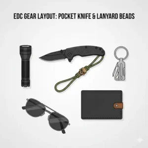 Everyday carry gear flat lay including a folding knife and custom knife lanyard beads.