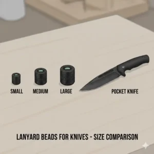 A side-by-side comparison of small, medium, and large lanyard beads for knives next to a standard pocket knife.