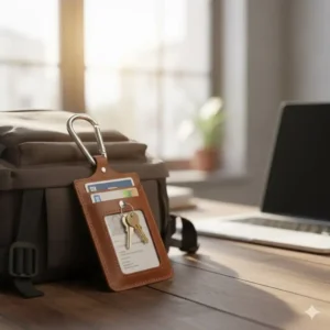 Sturdy metal carabiner clip attached to the id and key holder for quick attachment to a backpack or belt loop.