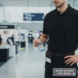 Event staff member conveniently presenting their work badge from the ID card holder belt for quick access.