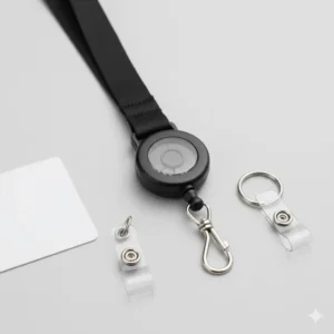 Swivel hook and badge clip attachments for the lanyard with retractable badge reel.