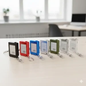 Group shot of various colors and styles of the reliable badge holder key ring options available.