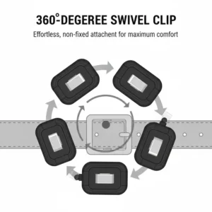 A diagram illustrating the 360-degree swivel feature of the belt id badge holder clip for comfortable, non-fixed attachment.
