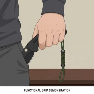 A hand pulling a pocket knife from a pocket using a functional lanyard beads for knives for extra leverage and grip.