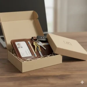 Id and key holder presented in its premium, sustainable gift box packaging, ready for gifting.