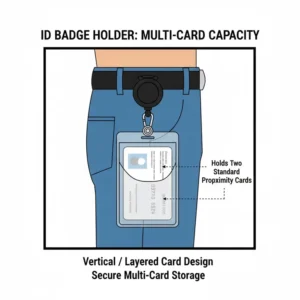 A double-sided card protector attached to a sturdy id badge holder belt clip.