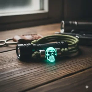 Multiple colorful lanyard beads stacked on a flashlight wrist strap.