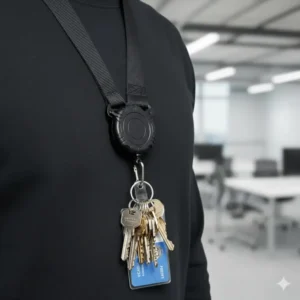 Strong capacity of a lanyard with retractable badge reel holding multiple keys and ID card.