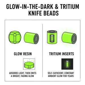 Showcase of specialized knife beads with tritium inserts for high visibility in the dark.