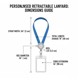 Technical diagram showing the standard dimensions and size specifications of a personalised retractable lanyard for accurate ordering.