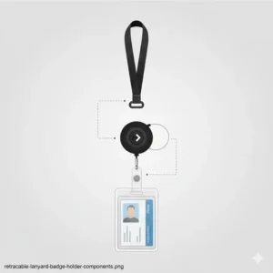 Component breakdown graphic of the retractable ID badge holder lanyard, showing the neck strap, badge reel, and vinyl holder.