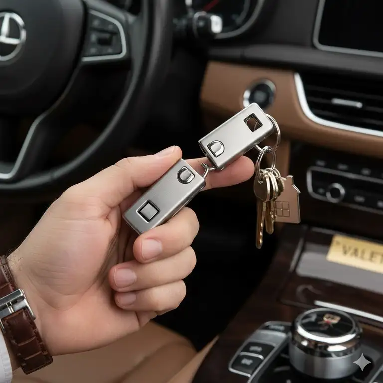A premium stainless steel pull apart key chain being held in a hand, showing the quick-release mechanism for valet parking.