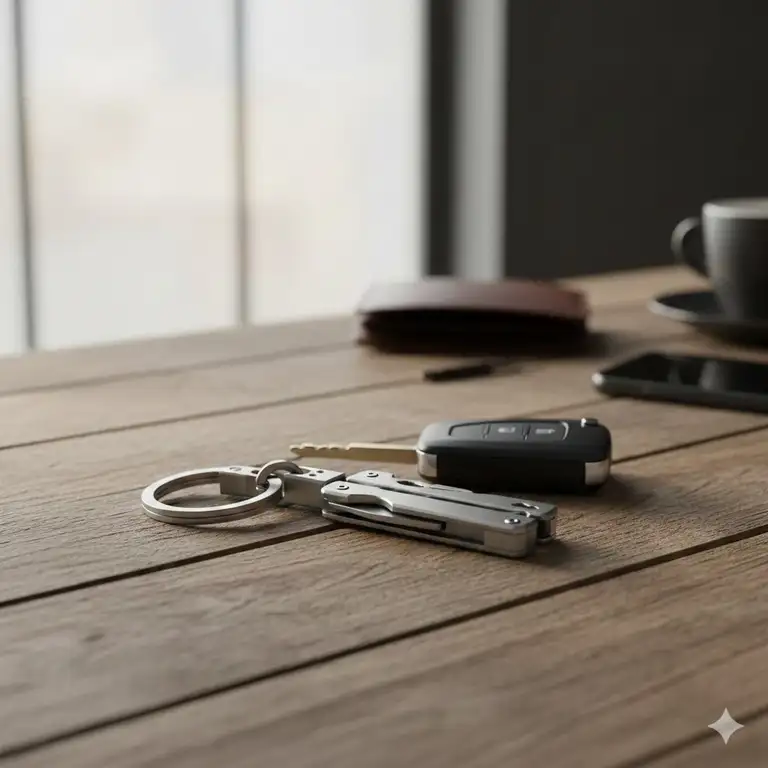 A premium titanium best quick release keychain holding car keys on a modern wooden desk.