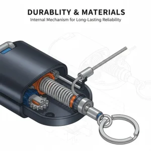 Detailed 3D diagram showing the heavy-duty internal spring of the best retractable key chain.