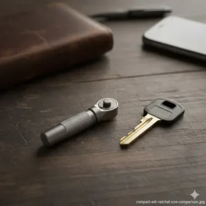 A side-by-side comparison of a compact edc ratchet next to a standard house key to show portability.