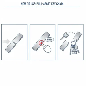 An illustration showing the step-by-step process of pressing the release button to separate a pull apart key chain.