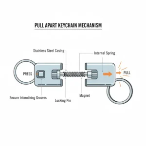 Technical diagram showing the internal spring-loaded mechanism of a pull apart keychain.