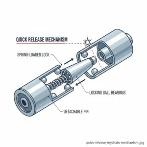 Technical diagram showing the internal spring locking system of the best quick release keychain.