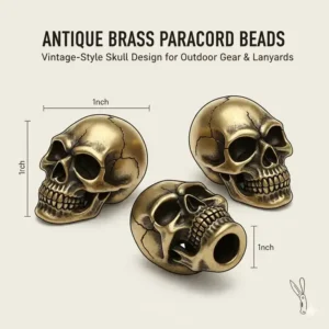 Vintage-style antique brass metal paracord beads featuring a skull design for outdoor gear customization.