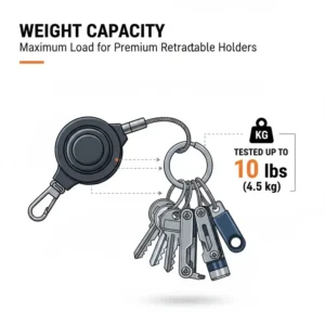 A weight capacity test showing the best retractable key chain holding a heavy set of tools and keys.