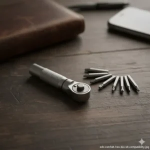 Close-up of an edc ratchet head showing magnetic bit retention with various hex and Torx bits