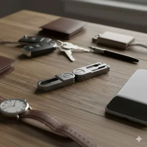 An everyday carry layout featuring a quick release key chain connected to car keys and a small multi-tool.