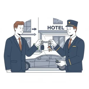 Illustration of a person using a pull apart key ring to separate car keys for valet parking.