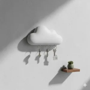 A whimsical white cloud magnetic key holder unique concept hanging keys without hooks.